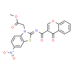 ChemSpider 2D Image | Methyl [(2Z)-6-nitro-2-{[(4-oxo-4H-chromen-3-yl)carbonyl]imino}-1,3-benzothiazol-3(2H)-yl]acetate | C20H13N3O7S