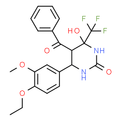 ChemSpider 2D Image | 5-Benzoyl-6-(4-ethoxy-3-methoxyphenyl)-4-hydroxy-4-(trifluoromethyl)tetrahydro-2(1H)-pyrimidinone | C21H21F3N2O5