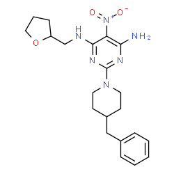 ChemSpider 2D Image | 2-(4-Benzyl-1-piperidinyl)-5-nitro-N-(tetrahydro-2-furanylmethyl)-4,6-pyrimidinediamine | C21H28N6O3