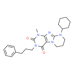 ChemSpider 2D Image | 9-Cyclohexyl-1-methyl-3-(3-phenylpropyl)-6,7,8,9-tetrahydropyrimido[2,1-f]purine-2,4(1H,3H)-dione | C24H31N5O2