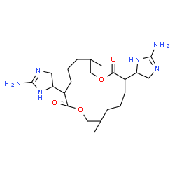 ChemSpider 2D Image | 3,11-Bis(2-amino-4,5-dihydro-1H-imidazol-5-yl)-7,15-dimethyl-1,9-dioxacyclohexadecane-2,10-dione | C22H38N6O4