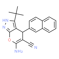 ChemSpider 2D Image | 6-Amino-3-(2-methyl-2-propanyl)-4-(2-naphthyl)-2,4-dihydropyrano[2,3-c]pyrazole-5-carbonitrile | C21H20N4O