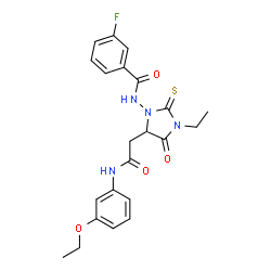 ChemSpider 2D Image | N-{5-[2-(3-ethoxyanilino)-2-oxoethyl]-3-ethyl-4-oxo-2-thioxo-1-imidazolidinyl}-3-fluorobenzamide | C22H23FN4O4S