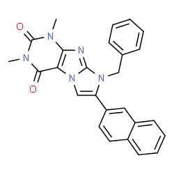ChemSpider 2D Image | 8-Benzyl-1,3-dimethyl-7-(2-naphthyl)-1H-imidazo[2,1-f]purine-2,4(3H,8H)-dione | C26H21N5O2