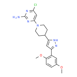 ChemSpider 2D Image | 4-Chloro-6-{4-[3-(2,5-dimethoxyphenyl)-1H-pyrazol-5-yl]-1-piperidinyl}-2-pyrimidinamine | C20H23ClN6O2