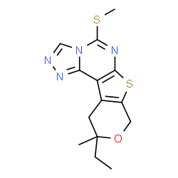 ChemSpider 2D Image | 10-Ethyl-10-methyl-5-(methylsulfanyl)-10,11-dihydro-8H-pyrano[4',3':4,5]thieno[3,2-e][1,2,4]triazolo[4,3-c]pyrimidine | C14H16N4OS2