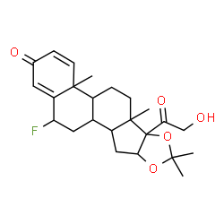 ChemSpider 2D Image | 12-Fluoro-6b-glycoloyl-4a,6a,8,8-tetramethyl-4a,4b,5,6,6a,6b,9a,10,10a,10b,11,12-dodecahydro-2H-naphtho[2',1':4,5]indeno[1,2-d][1,3]dioxol-2-one | C24H31FO5
