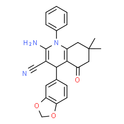 ChemSpider 2D Image | 2-Amino-4-(1,3-benzodioxol-5-yl)-7,7-dimethyl-5-oxo-1-phenyl-1,4,5,6,7,8-hexahydro-3-quinolinecarbonitrile | C25H23N3O3