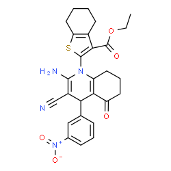 ChemSpider 2D Image | Ethyl 2-[2-amino-3-cyano-4-(3-nitrophenyl)-5-oxo-5,6,7,8-tetrahydro-1(4H)-quinolinyl]-4,5,6,7-tetrahydro-1-benzothiophene-3-carboxylate | C27H26N4O5S