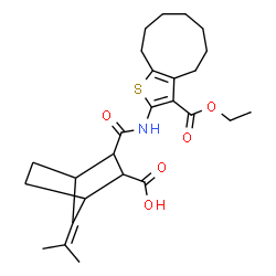ChemSpider 2D Image | 3-{[3-(Ethoxycarbonyl)-5,6,7,8,9,10-hexahydro-4H-cyclonona[b]thiophen-2-yl]carbamoyl}-7-isopropylidenebicyclo[2.2.1]heptane-2-carboxylic acid | C26H35NO5S
