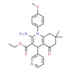 ChemSpider 2D Image | Ethyl 2-amino-1-(4-methoxyphenyl)-7,7-dimethyl-5-oxo-4-(3-pyridinyl)-1,4,5,6,7,8-hexahydro-3-quinolinecarboxylate | C26H29N3O4