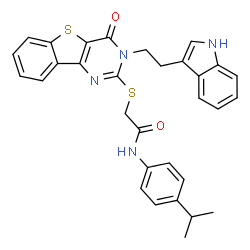 ChemSpider 2D Image | 2-({3-[2-(1H-Indol-3-yl)ethyl]-4-oxo-3,4-dihydro[1]benzothieno[3,2-d]pyrimidin-2-yl}sulfanyl)-N-(4-isopropylphenyl)acetamide | C31H28N4O2S2
