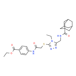 ChemSpider 2D Image | Ethyl 4-({[(5-{[(adamantan-1-ylcarbonyl)amino]methyl}-4-ethyl-4H-1,2,4-triazol-3-yl)sulfanyl]acetyl}amino)benzoate | C27H35N5O4S