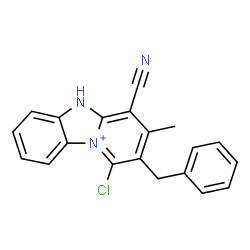 ChemSpider 2D Image | 2-Benzyl-1-chloro-4-cyano-3-methyl-5H-pyrido[1,2-a][3,1]benzimidazol-10-ium | C20H15ClN3