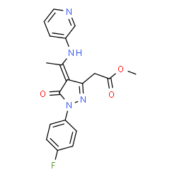 ChemSpider 2D Image | Methyl {(4E)-1-(4-fluorophenyl)-5-oxo-4-[1-(3-pyridinylamino)ethylidene]-4,5-dihydro-1H-pyrazol-3-yl}acetate | C19H17FN4O3