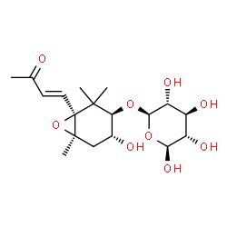 ChemSpider 2D Image | (3E)-4-[(1S,3R,4R,6R)-4-Hydroxy-2,2,6-trimethyl-3-{[(2R,3R,4S,5S,6S)-3,4,5,6-tetrahydroxytetrahydro-2H-pyran-2-yl]oxy}-7-oxabicyclo[4.1.0]hept-1-yl]-3-buten-2-one | C18H28O9