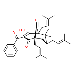ChemSpider 2D Image | (7S)-3-Benzoyl-4-hydroxy-6,6-dimethyl-1,5,7-tris(3-methyl-2-buten-1-yl)bicyclo[3.3.1]non-3-ene-2,9-dione | C33H42O4