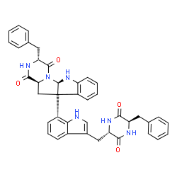 ChemSpider 2D Image | (3R,5aR,10bS,11aS)-3-Benzyl-10b-(3-{[(2S,5R)-5-benzyl-3,6-dioxo-2-piperazinyl]methyl}-1H-indol-7-yl)-6,10b,11,11a-tetrahydro-2H-pyrazino[1',2':1,5]pyrrolo[2,3-b]indole-1,4(3H,5aH)-dione | C40H36N6O4