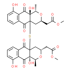 ChemSpider 2D Image | Dimethyl 2,2'-{sulfanediylbis[(1S,3S,10aR)-9,10a-dihydroxy-1-methyl-5,10-dioxo-1,3,4,5,10,10a-hexahydro-4aH-benzo[g]isochromene-4a,3-diyl]}diacetate | C34H34O14S