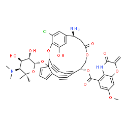 ChemSpider 2D Image | (7S,12R,13Z)-7-Amino-4-chloro-20-{[4,6-dideoxy-4-(dimethylamino)-5-methyl-beta-D-altropyranosyl]oxy}-25-hydroxy-9-oxo-2,10-dioxatetracyclo[11.7.3.2~3,6~.0~16,20~]pentacosa-3,5,13(23),16,18,24-hexaene-
14,21-diyn-12-yl 7-methoxy-2-methylene-3-oxo-3,4-dihydro-2H-1,4-benzoxazine-5-carboxylate | C43H42ClN3O13