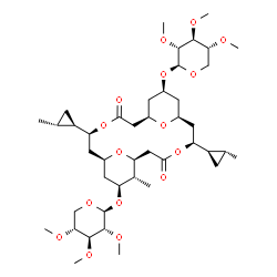 ChemSpider 2D Image | (1S,3S,7R,9S,11S,13S,17S,18S,19S)-18-Methyl-3,13-bis[(1R,2R)-2-methylcyclopropyl]-5,15-dioxo-19-[(2,3,4-tri-O-methyl-beta-D-xylopyranosyl)oxy]-4,14,21,22-tetraoxatricyclo[15.3.1.1~7,11~]docos-9-yl 2,3
,4-tri-O-methyl-beta-D-xylopyranoside | C43H70O16