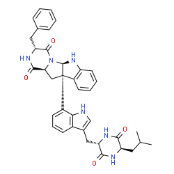 ChemSpider 2D Image | (3R,5aR,10bR,11aS)-3-Benzyl-10b-(3-{[(2S,5R)-5-isobutyl-3,6-dioxo-2-piperazinyl]methyl}-1H-indol-7-yl)-6,10b,11,11a-tetrahydro-2H-pyrazino[1',2':1,5]pyrrolo[2,3-b]indole-1,4(3H,5aH)-dione | C37H38N6O4