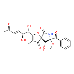 ChemSpider 2D Image | (5S,8S,9R)-8-Benzoyl-2-[(1S,2S,3E)-1,2-dihydroxy-5-oxo-3-hexen-1-yl]-9-hydroxy-8-methoxy-3-methyl-1-oxa-7-azaspiro[4.4]non-2-ene-4,6-dione | C22H23NO9