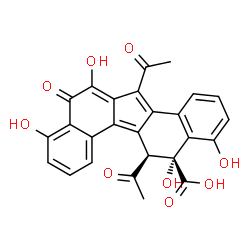 ChemSpider 2D Image | (5R,6S)-6,13-Diacetyl-4,5,10,12-tetrahydroxy-11-oxo-6,11-dihydro-5H-dibenzo[a,g]fluorene-5-carboxylic acid | C26H18O9