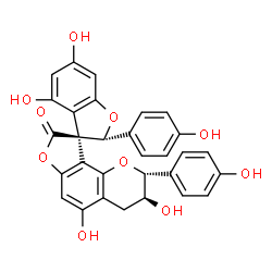 ChemSpider 2D Image | (2R,2'R,3R,3'S)-3',4,5',6-Tetrahydroxy-2,2'-bis(4-hydroxyphenyl)-3',4'-dihydro-2'H-spiro[1-benzofuran-3,9'-furo[2,3-h]chromen]-8'-one | C30H22O10
