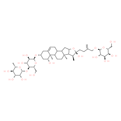 ChemSpider 2D Image | (1beta,3beta,8xi,9xi,14xi,16xi,17xi,22R)-3-{[4-O-(6-Deoxy-beta-L-mannopyranosyl)-alpha-D-glucopyranosyl]oxy}-1,22-dihydroxyfurosta-5,25-dien-27-yl alpha-D-altropyranoside | C45H72O19