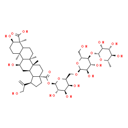 ChemSpider 2D Image | 6-Deoxy-beta-L-mannopyranosyl-(1->4)-alpha-D-glucopyranosyl-(1->6)-1-O-[(3alpha,5xi,9xi,11alpha,18xi)-3,11,24,29-tetrahydroxy-24,28-dioxolup-20(30)-en-28-yl]-beta-L-galactopyranose | C48H76O21