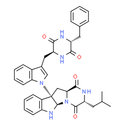 ChemSpider 2D Image | (3R,5aR,10bS,11aS)-10b-(3-{[(2S,5R)-5-Benzyl-3,6-dioxo-2-piperazinyl]methyl}-1H-indol-1-yl)-3-isobutyl-6,10b,11,11a-tetrahydro-2H-pyrazino[1',2':1,5]pyrrolo[2,3-b]indole-1,4(3H,5aH)-dione | C37H38N6O4