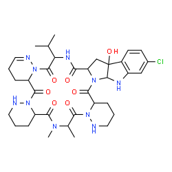 ChemSpider 2D Image | 24-Chloro-26b-hydroxy-30-isopropyl-12,13-dimethyl-4,4a,8,9,10,10a,12,13,17,18,19,19a,22,26b,27,27a,29,30-octadecahydro-7H,21aH-tripyridazino[1'',6'':10',11';1''',6''':16',17';1'''',6'''':7',8'][1,4,7,
10,13,16]hexaazacyclooctadecino[1',2':1,5]pyrrolo[2,3-b]indole-5,11,14,20,28,31(3H,16H)-hexone | C35H47ClN10O7