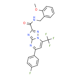 ChemSpider 2D Image | 5-(4-Fluorophenyl)-N-(2-methoxybenzyl)-7-(trifluoromethyl)[1,2,4]triazolo[1,5-a]pyrimidine-2-carboxamide | C21H15F4N5O2