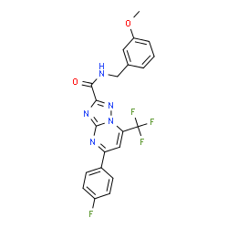 ChemSpider 2D Image | 5-(4-Fluorophenyl)-N-(3-methoxybenzyl)-7-(trifluoromethyl)[1,2,4]triazolo[1,5-a]pyrimidine-2-carboxamide | C21H15F4N5O2
