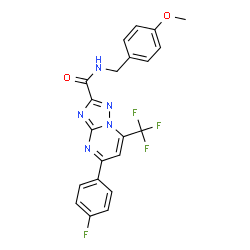 ChemSpider 2D Image | 5-(4-Fluorophenyl)-N-(4-methoxybenzyl)-7-(trifluoromethyl)[1,2,4]triazolo[1,5-a]pyrimidine-2-carboxamide | C21H15F4N5O2