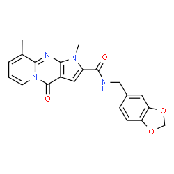 ChemSpider 2D Image | N-(1,3-Benzodioxol-5-ylmethyl)-1,9-dimethyl-4-oxo-1,4-dihydropyrido[1,2-a]pyrrolo[2,3-d]pyrimidine-2-carboxamide | C21H18N4O4