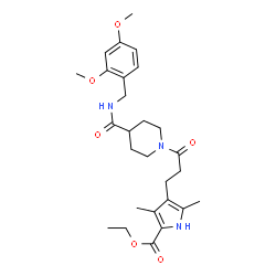 ChemSpider 2D Image | Ethyl 4-(3-{4-[(2,4-dimethoxybenzyl)carbamoyl]-1-piperidinyl}-3-oxopropyl)-3,5-dimethyl-1H-pyrrole-2-carboxylate | C27H37N3O6