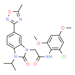 ChemSpider 2D Image | N-(2-Chloro-4,6-dimethoxyphenyl)-2-[3-isopropyl-6-(5-methyl-1,2,4-oxadiazol-3-yl)-2-oxo-2,3-dihydro-1H-benzimidazol-1-yl]acetamide | C23H24ClN5O5