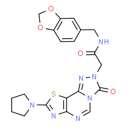 ChemSpider 2D Image | N-(1,3-Benzodioxol-5-ylmethyl)-2-[3-oxo-8-(1-pyrrolidinyl)[1,3]thiazolo[5,4-e][1,2,4]triazolo[4,3-c]pyrimidin-2(3H)-yl]acetamide | C20H19N7O4S