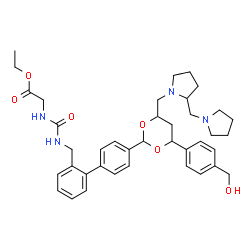 ChemSpider 2D Image | Ethyl N-({[4'-(4-[4-(hydroxymethyl)phenyl]-6-{[2-(1-pyrrolidinylmethyl)-1-pyrrolidinyl]methyl}-1,3-dioxan-2-yl)-2-biphenylyl]methyl}carbamoyl)glycinate | C39H50N4O6
