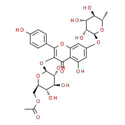 ChemSpider 2D Image | 7-[(6-Deoxy-alpha-L-mannopyranosyl)oxy]-5-hydroxy-2-(4-hydroxyphenyl)-4-oxo-4H-chromen-3-yl 6-O-acetyl-beta-D-glucopyranoside | C29H32O16