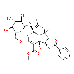 ChemSpider 2D Image | Methyl (1S,4aR,5R,7S,7aS)-7-acetoxy-5-(benzoyloxy)-1-(beta-D-glucopyranosyloxy)-4a-hydroxy-7-methyl-1,4a,5,6,7,7a-hexahydrocyclopenta[c]pyran-4-carboxylate | C26H32O14