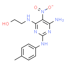 ChemSpider 2D Image | 2-({6-Amino-2-[(4-methylphenyl)amino]-5-nitro-4-pyrimidinyl}amino)ethanol | C13H16N6O3