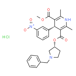 ChemSpider 2D Image | (3R)-1-Benzyl-3-pyrrolidinyl methyl (4R)-2,6-dimethyl-4-(3-nitrophenyl)-1,4-dihydro-3,5-pyridinedicarboxylate hydrochloride (1:1) | C27H30ClN3O6