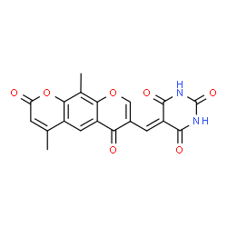 ChemSpider 2D Image | 5-[(4,10-Dimethyl-2,6-dioxo-2H,6H-pyrano[3,2-g]chromen-7-yl)methylene]-2,4,6(1H,3H,5H)-pyrimidinetrione | C19H12N2O7