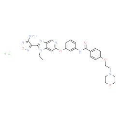 ChemSpider 2D Image | N-(3-{[2-(4-Amino-1,2,5-oxadiazol-3-yl)-1-ethyl-1H-imidazo[4,5-c]pyridin-6-yl]oxy}phenyl)-4-[2-(4-morpholinyl)ethoxy]benzamide hydrochloride (1:1) | C29H31ClN8O5