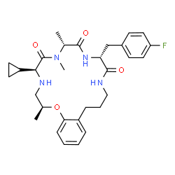 ChemSpider 2D Image | (2S,5S,8R,11R)-5-Cyclopropyl-11-(4-fluorobenzyl)-2,7,8-trimethyl-4,5,7,8,10,11,13,14,15,16-decahydro-2H-1,4,7,10,13-benzoxatetraazacyclooctadecine-6,9,12(3H)-trione | C30H39FN4O4