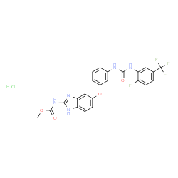 ChemSpider 2D Image | Methyl {5-[3-({[2-fluoro-5-(trifluoromethyl)phenyl]carbamoyl}amino)phenoxy]-1H-benzimidazol-2-yl}carbamate hydrochloride (1:1) | C23H18ClF4N5O4