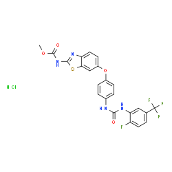 ChemSpider 2D Image | Methyl {6-[4-({[2-fluoro-5-(trifluoromethyl)phenyl]carbamoyl}amino)phenoxy]-1,3-benzothiazol-2-yl}carbamate hydrochloride (1:1) | C23H17ClF4N4O4S